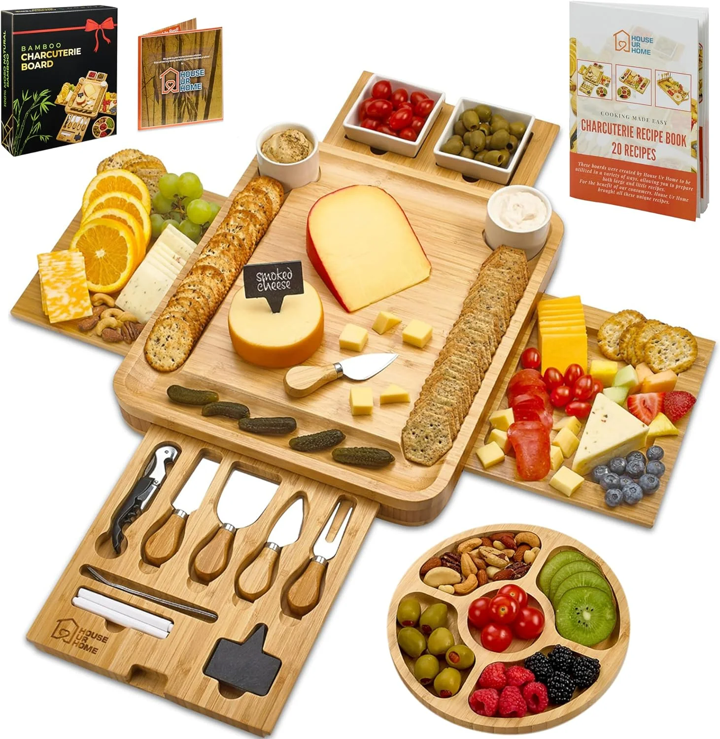 Large Charcuterie Board Set - Bonus Recipe Book - 2 Ceramic Bowls & Plates, 4 Magnetic Drawers Bamboo Cheese Knife Set, Round Tray - Christmas & Housewarming Gifts
