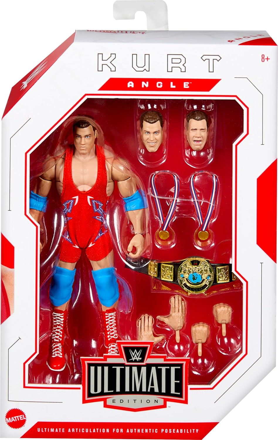 Mattel WWE Ultimate Edition Action Figure & Accessories, 6-inch Kurt Angle Collectible Set, Swappable Heads & Hands, Entrance Gear & 30 Articulation Points