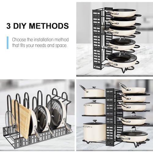 Pots and Pans Organizer Rack for Cabinet - 8-Tier Adjustable Rack Heavy-Duty Under Cabinet Pot and Pan Storage - Perfect for Pots, Pans, and Lids - Easy Kitchen Organization and Storage