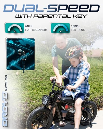 Droyd Weeler Electric Mini Bike for Kids, 200W Motor w 2 Speed Settings (10 Mph & 6 Mph), 24V 8Ah Battery for 8 Miles Range, Rear Disc Brake, and 15