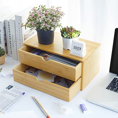 Bamboo Desk Organizer with 3 Drawers Makeup Storage Drawer 3 Drawers Tabletop Storage Organization Box Home Office Workspace Bathroom Toiletries Supplies No Assembly Required…