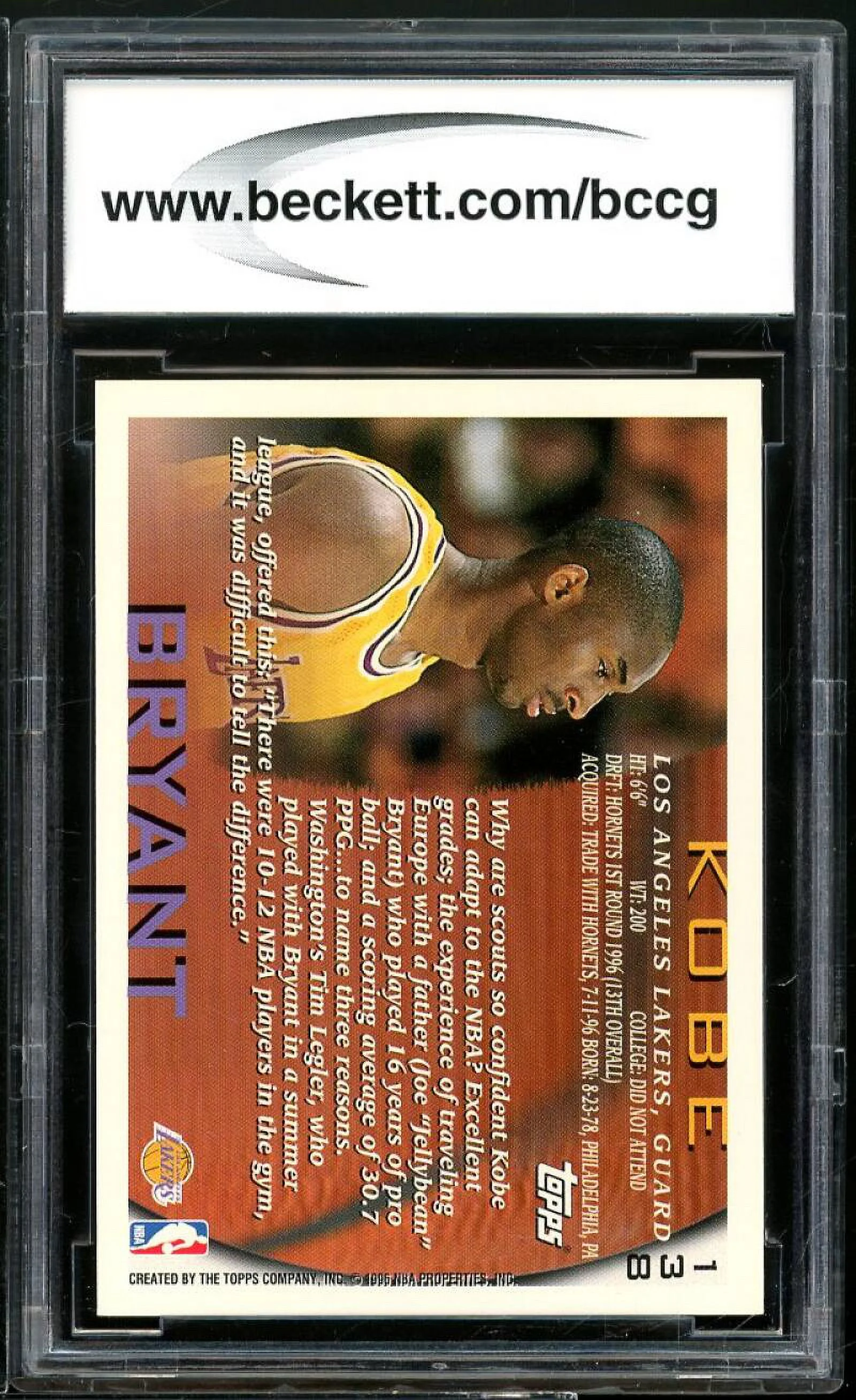 1996-97 Topps #138 Kobe Bryant Rookie Card BGS BCCG 9 Near Mint+
