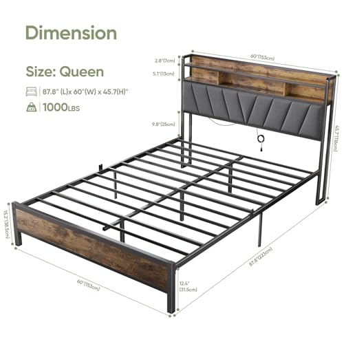 Full Bed Frames, Metal Bed Frames with Charging Station, LED Lights Bed Frames with Upholstered Storage Headboard, Sturdy and Noise-free, Storage Space under Bed, No Box Spring Needed, Brown