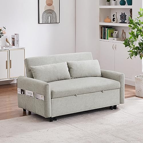 GIA 3 in 1 Convertible Sleeper Sofa, Loveseats Futon Couch Pullout Bed for Living Room,Love Seat Chaise Lounge with Adjsutable Backrest, Storage Pockets, 2 Pillows, Gray