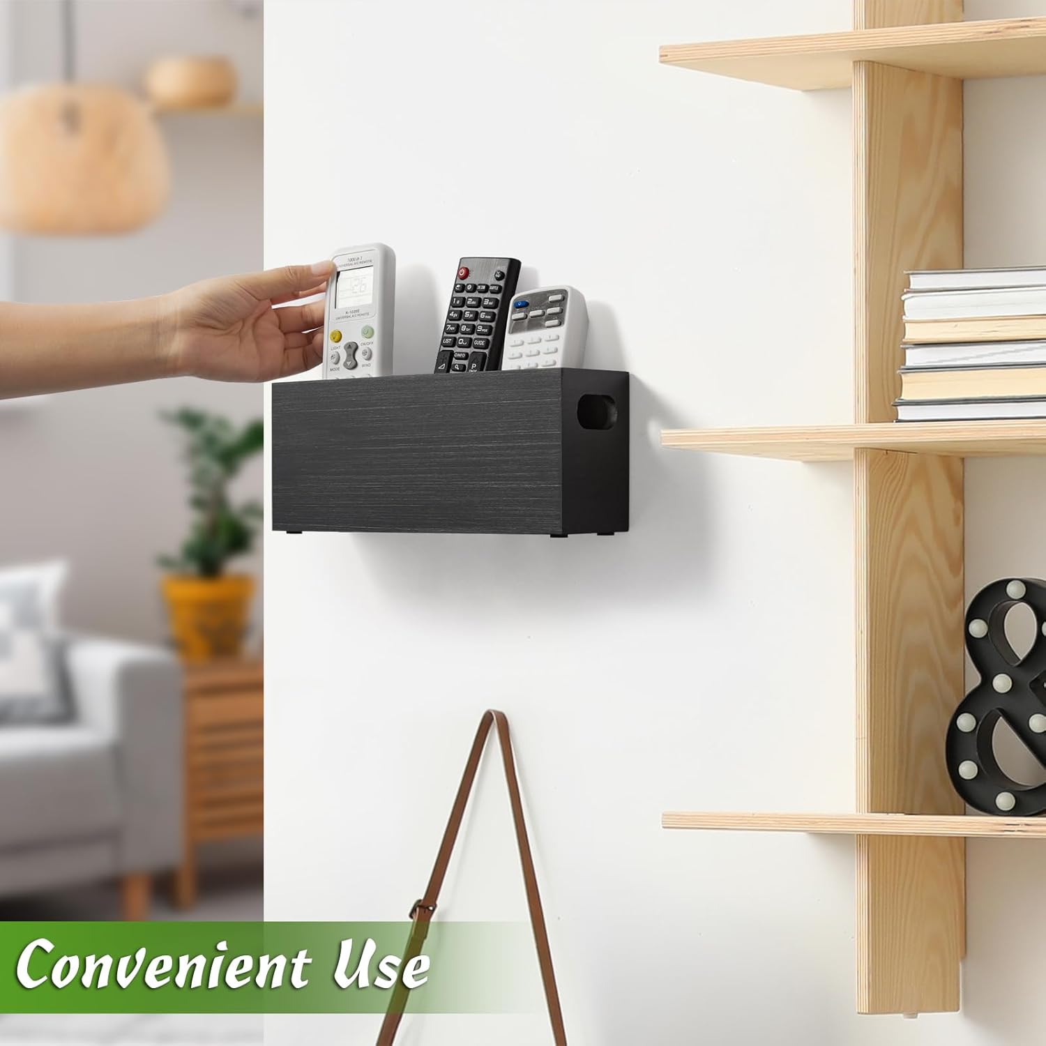 TV Remote Holder, Wall Remote Control Holder, 3 Slots Remote Caddy Wall Mount, Wooden TV Remote Wall Holder, Wall Pen Holder, Black