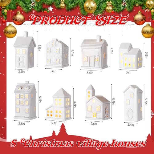 Soaoo 29 Pcs Ceramic Christmas Village Set 8 Led Village Houses 12 Christmas Trees 4 Snowmen 4 Benches and Fake Snow; White Porcelain House Xmas Tabletop Scenes Decoration