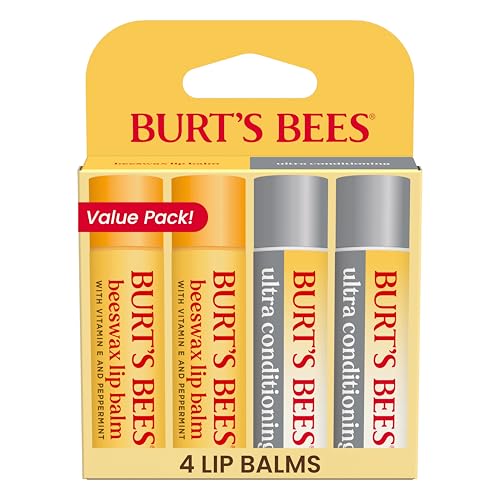 Burt's Bees Stocking Stuffers, Lip Balm Beeswax and Ultra Conditioning Lip Balm Pack, Hydrating Lip Moisturizer with Kokum and Shea Butter, Natural Origin Lip Care, 4 Tubes, 0.15oz.