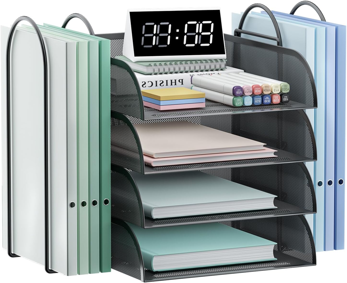 LUCYCAZ Desk Organizer with File Holder - Paper Tray Organizer for Desk, 4 Tier Stackable Letter Tray with 2 Magazine Holder, Mesh Folder Organizer Desk Paper Storage for Office, School, Home, Black