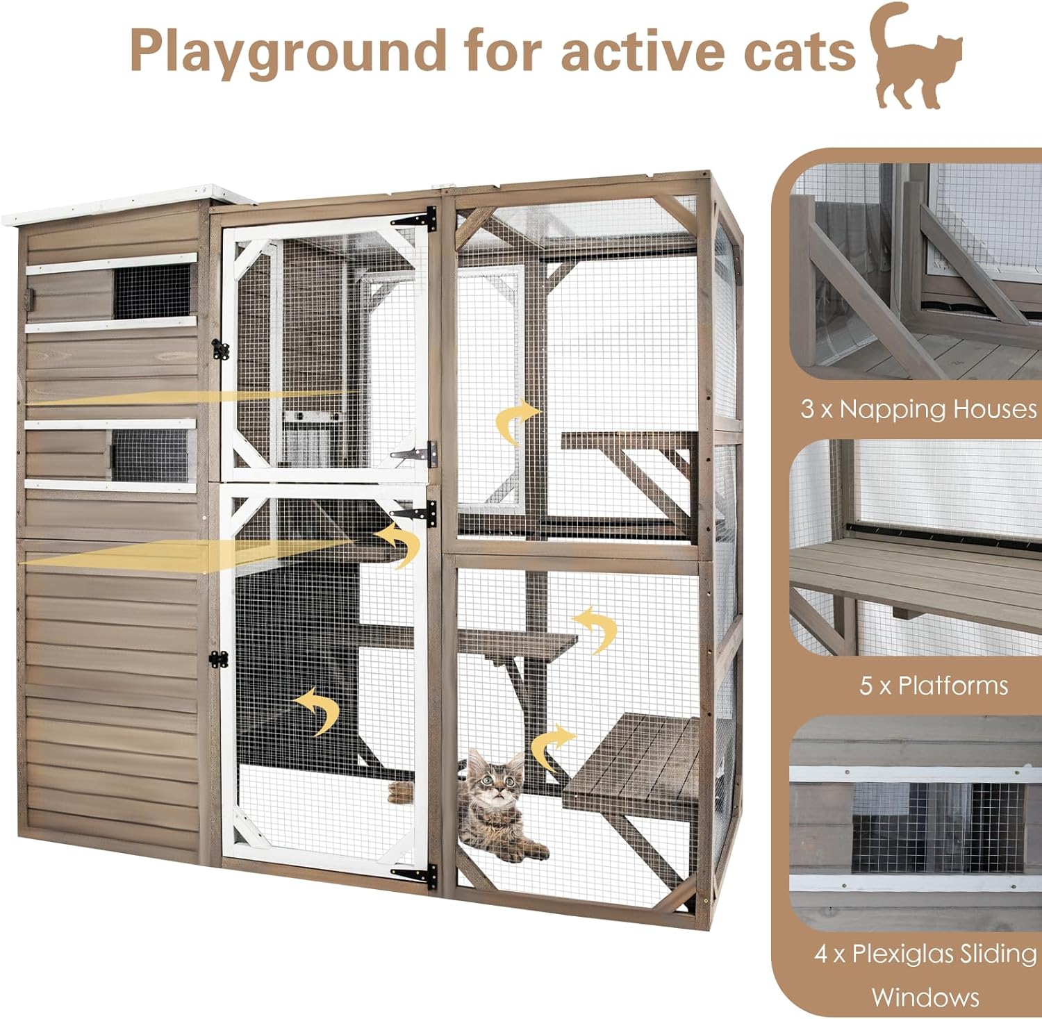 Catio Outdoor Cat Enclosure Cat Catio Cat House, Cat Cage Condo Indoor Playpen Kitty House Shelter with Multi Platforms, Waterproof Roof, Pull-Out Tray and 2 Resting Box