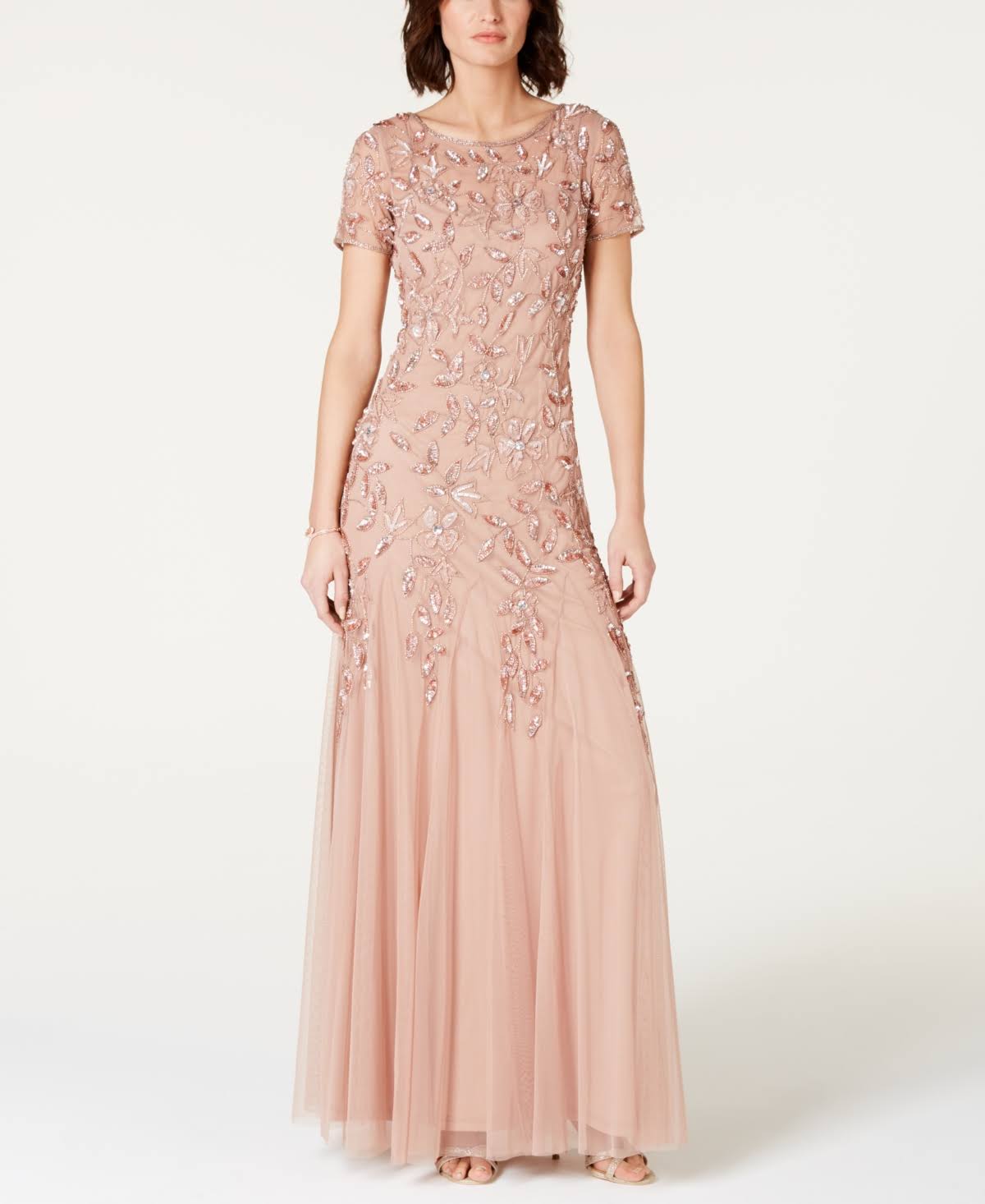 Adrianna Papell Floral-Beaded Gown - Rose Gold