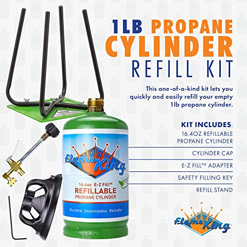 Flame King Refillable 1LB Empty Propane Cylinder Tank with Refill Kit and CGA600 Connection - Reusable, Safe and Legal Refill Option, DOT Compliant