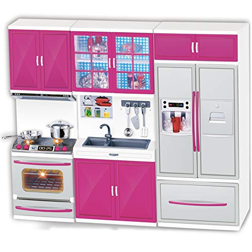 Doll Kitchen Playset for Kids, My Modern Mini Kitchen House Furniture Pretend Play Toy Accessories Set with Realistic Lights & Sounds for Toddlers, Girls (4-in-1 w/DOLL)