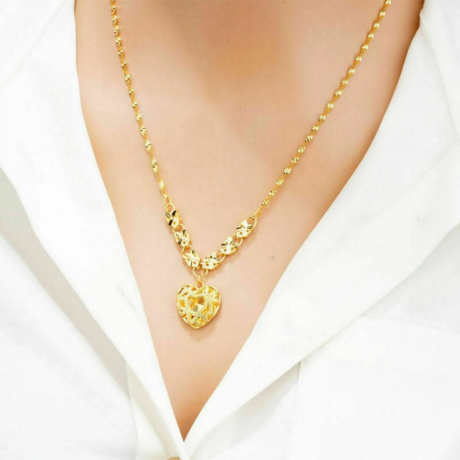 24k Yellow Gold Flower Necklace Women's Collarbone Chain 999 THAI BAHT Jewelry