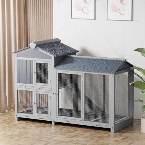 Rabbit Hutch Indoor Outdoor Bunny Cage 63” Guinea Pig Cage Chicken Coop 2 Story Rabbit House with Removable Trays Roof, Pet Furniture for Small Medium Animals, Grey