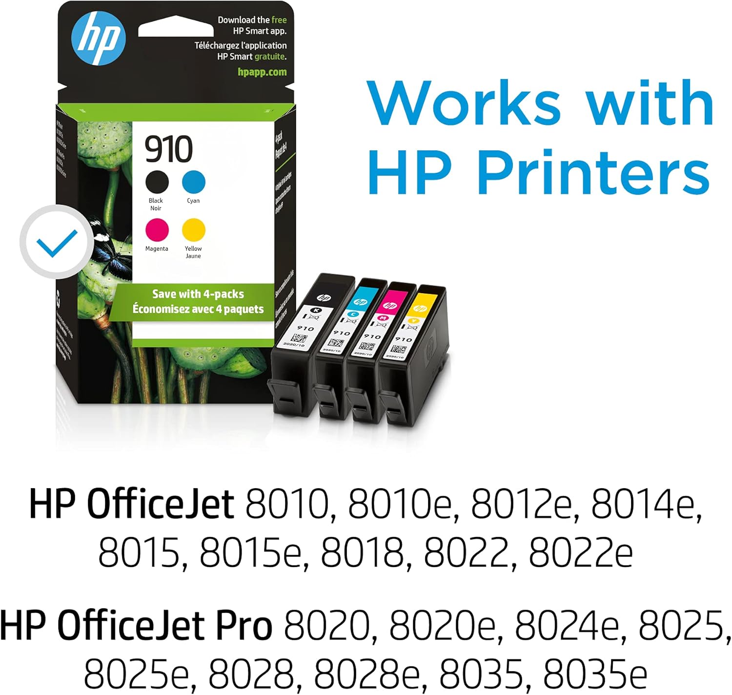 Original HP 910 Black, Cyan, Magenta, Yellow Ink Cartridges (4-pack) | Works with HP OfficeJet 8010, 8020 Series, HP OfficeJet Pro 8020, 8030 Series | Eligible for Instant Ink | 3YQ26AN Pack of 2