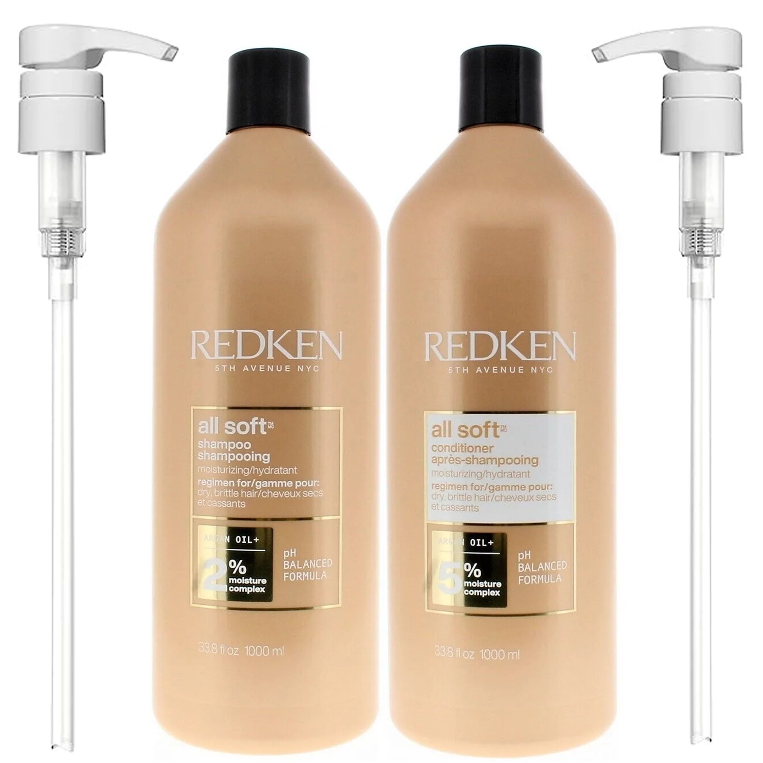Redken All Soft Shampoo and Conditioner Set for Dry Brittle Hair 33.8 oz Each with Pumps