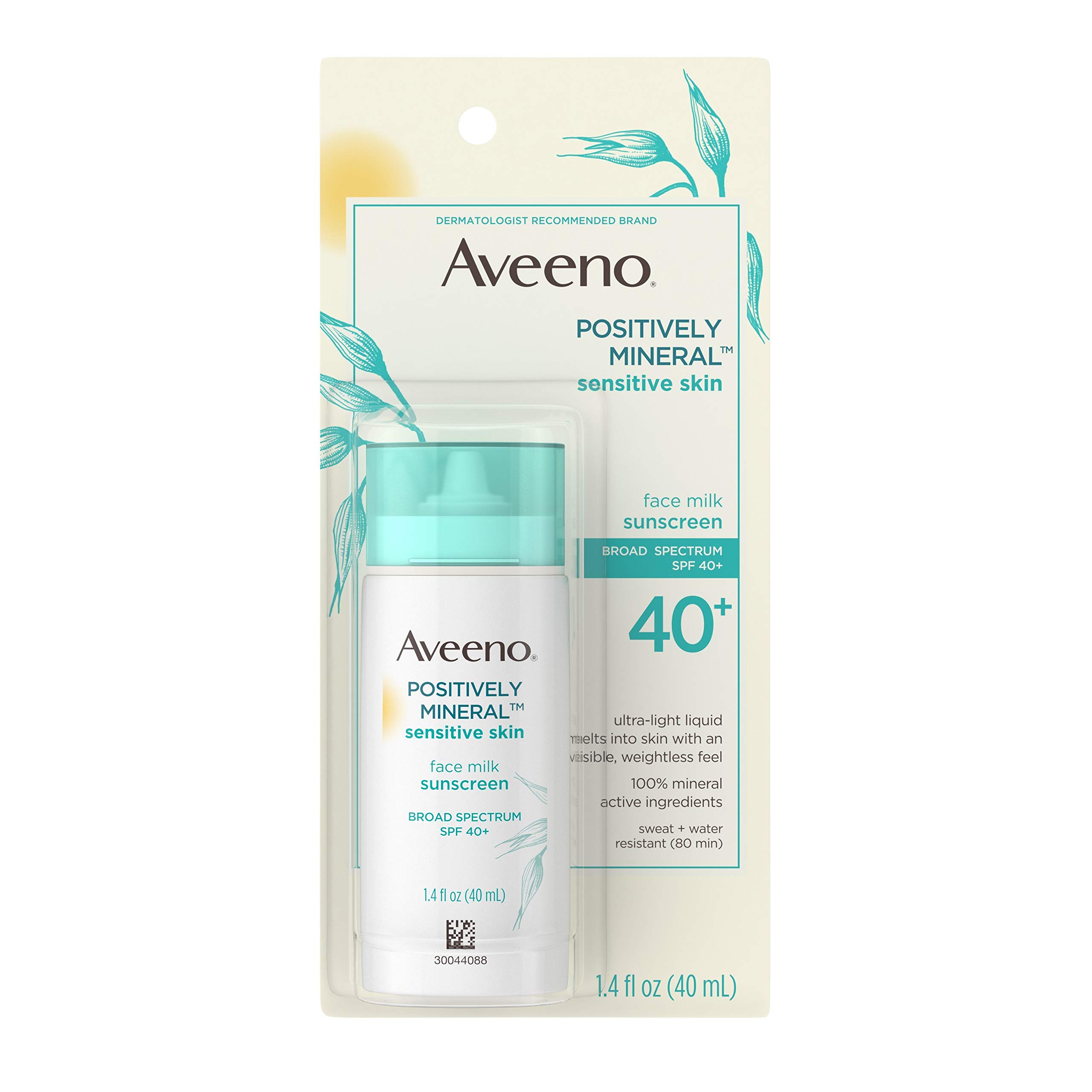 Aveeno Positively Mineral Sensitive Skin Spf 40+ Sunscreen Face Milk With Zinc Oxide & Titanium Dioxide, Invisible Oil-Free Liquid Facial Sunscreen, Paraben- & Phthalate-Free, 1.4 Fl. Oz