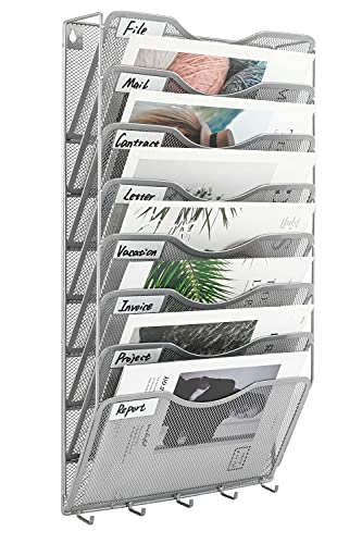 EasyPAG Office Supplies File Organizer Wall Mount File Holder 8 Pocket Vertical Hanging File Folders Holder Paper Rack with Key Hooks,White