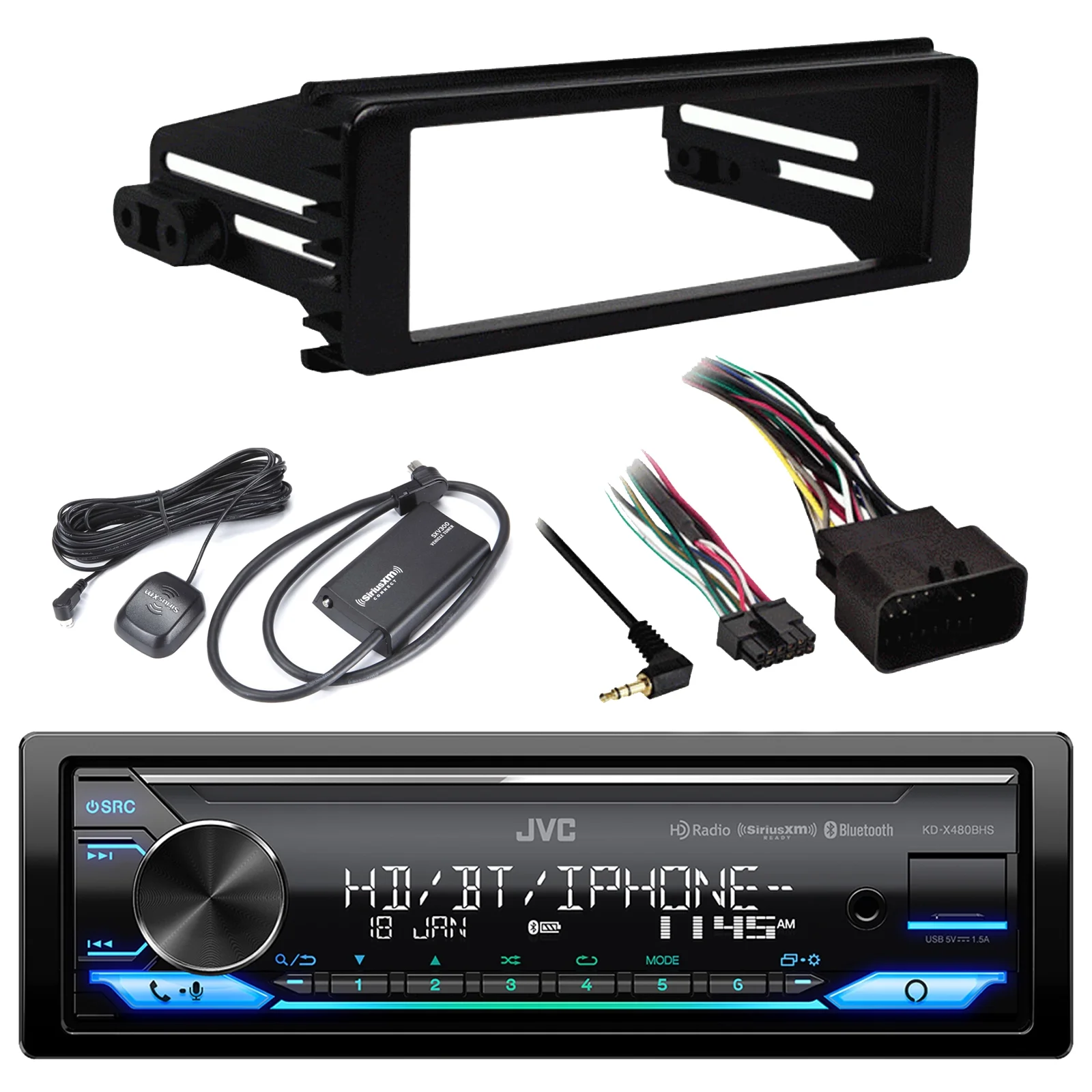 JVC KD-X480BHS Single DIN Bluetooth USB AUX LED Illumination AM/FM Radio Stereo SiriusXM Ready Amazon Alexa LED Car Audio Receiver Harley 98-2013 FLHX Install Adapter Kit, SiriusXM Radio Tuner Kit
