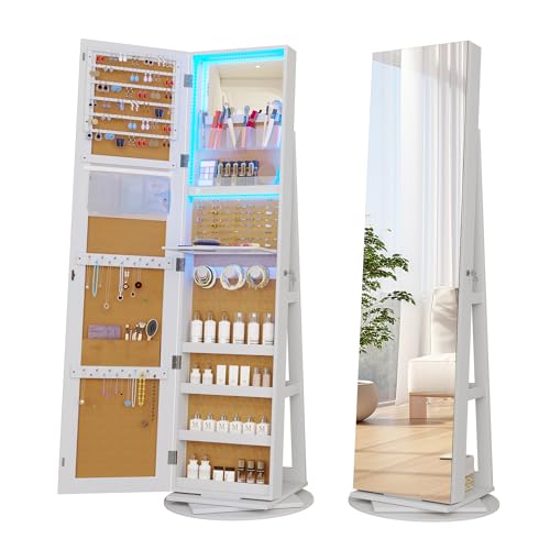 Vlsrka 360° Swivel Jewelry Cabinet with Lights, Jewelry Armoire with Full Length Mirror, Large Jewelry Armoire Organizer, Lockable Free Standing Mirror with Storage, Rear Storage Shelves, Black