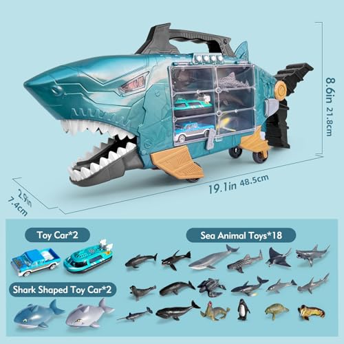 Shark Toys with led, Music Ocean Animals Toys, Shark Truck Toys with 2pcs Toy Trucks, 2pcs Cars,18pcs sea Animal Toys for 3+ Year Old Kids