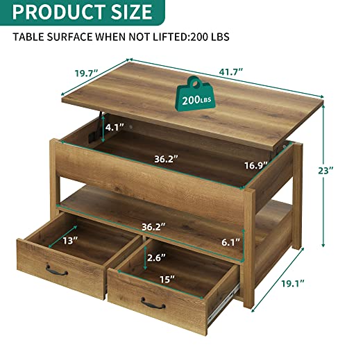YITAHOME Lift Top Coffee Table with Storage Shelf,Drawers and Hidden Compartment,Retro Center Table with Wooden Lift Tabletop,Lift Tabletop Dining Table for Living Room Office Reception,Rustic Brown