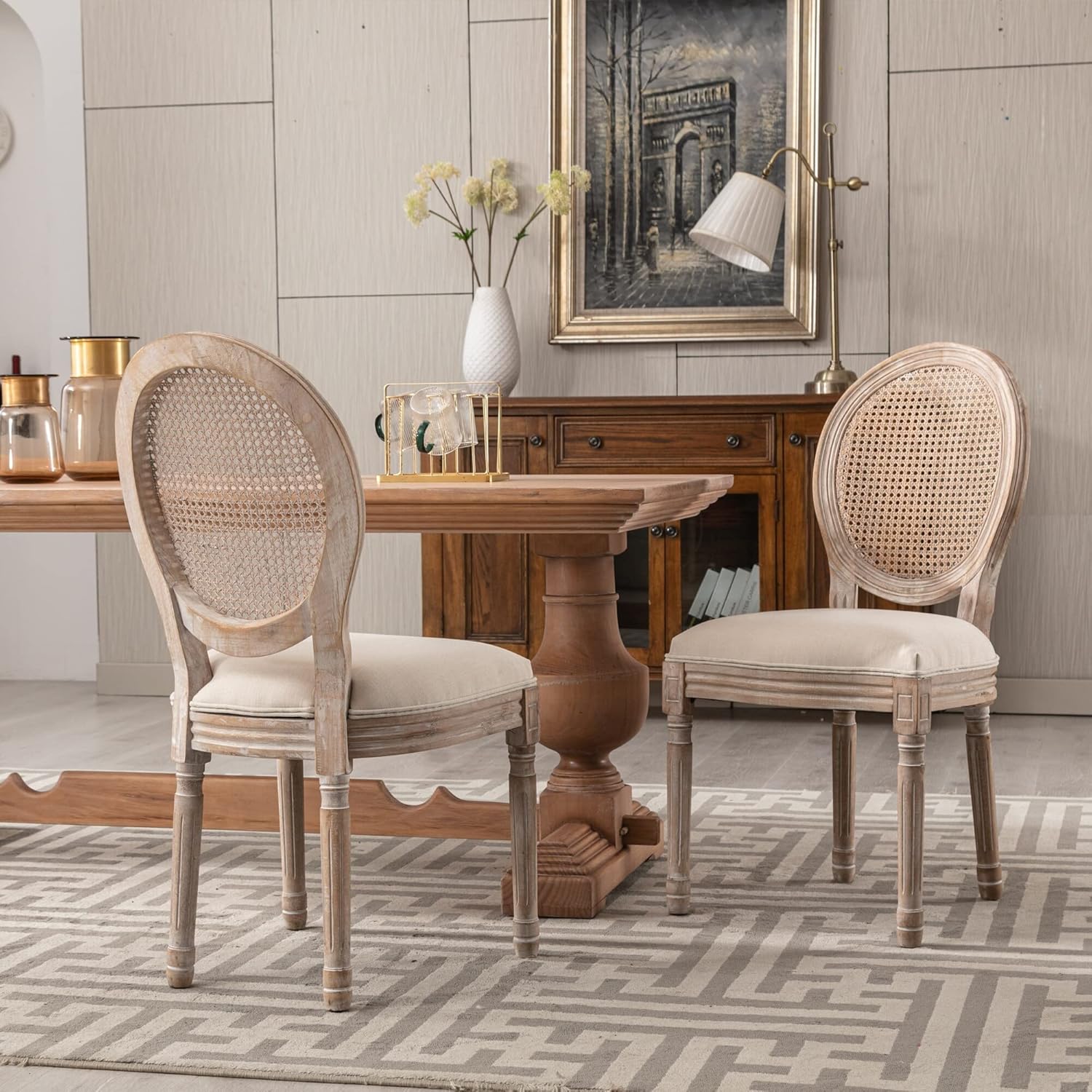 Overstock Grondi French Country Style Solid Rubber Wood and Cane Dining Chair Set of 2, Mid-Century Modern Side Chair with Rattan Backrest Dining Chairs, Side