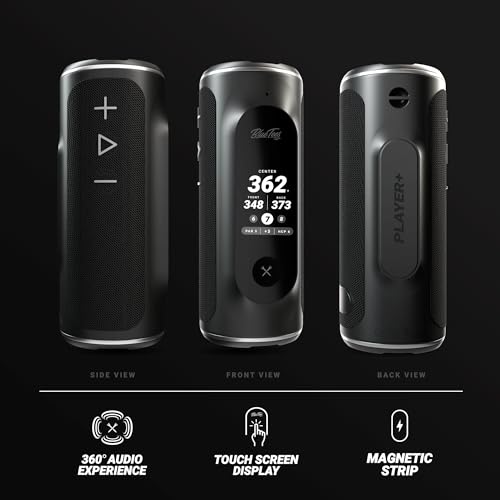 Blue Tees Golf Player+ GPS Speaker with Touch Screen Display, 10+ Hours Battery, 40,000+ Courses, Visual + Audible Distance, Hazard Distance - IPX7 Waterproof (Navy)
