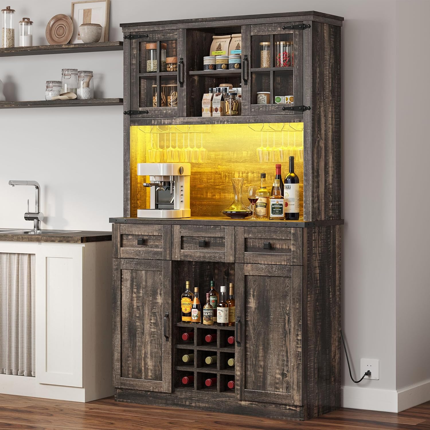 DWVO 72'' Kitchen Pantry Storage Cabinet with Lights, Microwave Stand Tall Traditional Home Bar Cabinet with Power Outlet, Hutch Pantry Buffet Cupboard with Drawers and Doors, Dark Rustic Oak