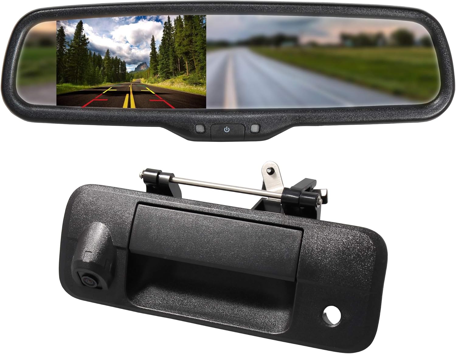 EWAY for Toyota Tundra 2007-2014 4.3 Rear View Mirror Monitor with Tailgate Handle Backup Camera Kit Parking Waterproof CCD Reverse Reversing Night Vision Car Safety Backing Auto Cameras