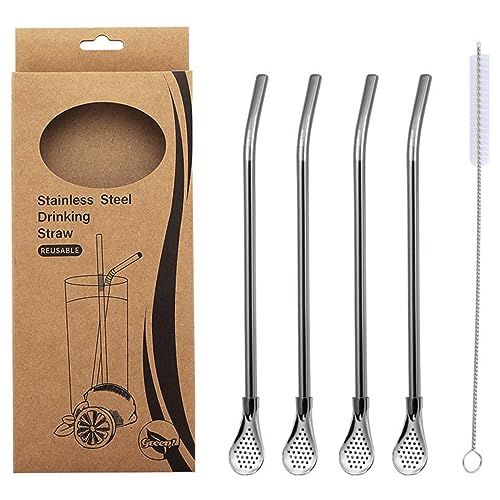 KINTEGOOD 4pcs Spoon Straws Stainless Steel with Filter Spoon, Drinking Spoon Straws Reusable Stainless Straws with Cleaning Brush, Suitable for Fruit Juice with Pulp, Watermelon, Milk Tea