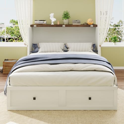 Queen Size Murphy Bed with Charging Station, Cabinet Bed with Large Storage Drawer for Home Office or Small Room, Hideaway Full Foldable Platform Bed, Barnwood+White
