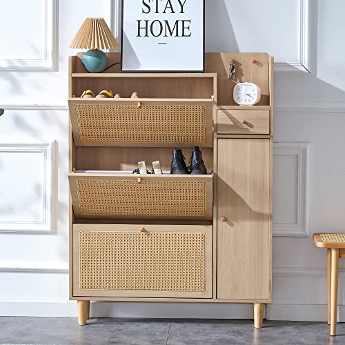 Olela Organizer Shoe Cabinet Storage with Rattan Doors & Adjustable Shelves, Modern Hidden Shoe Rack with 3 Flip Drawers & 2 Small/Large Shelves for Entryway, Front Door Entrance