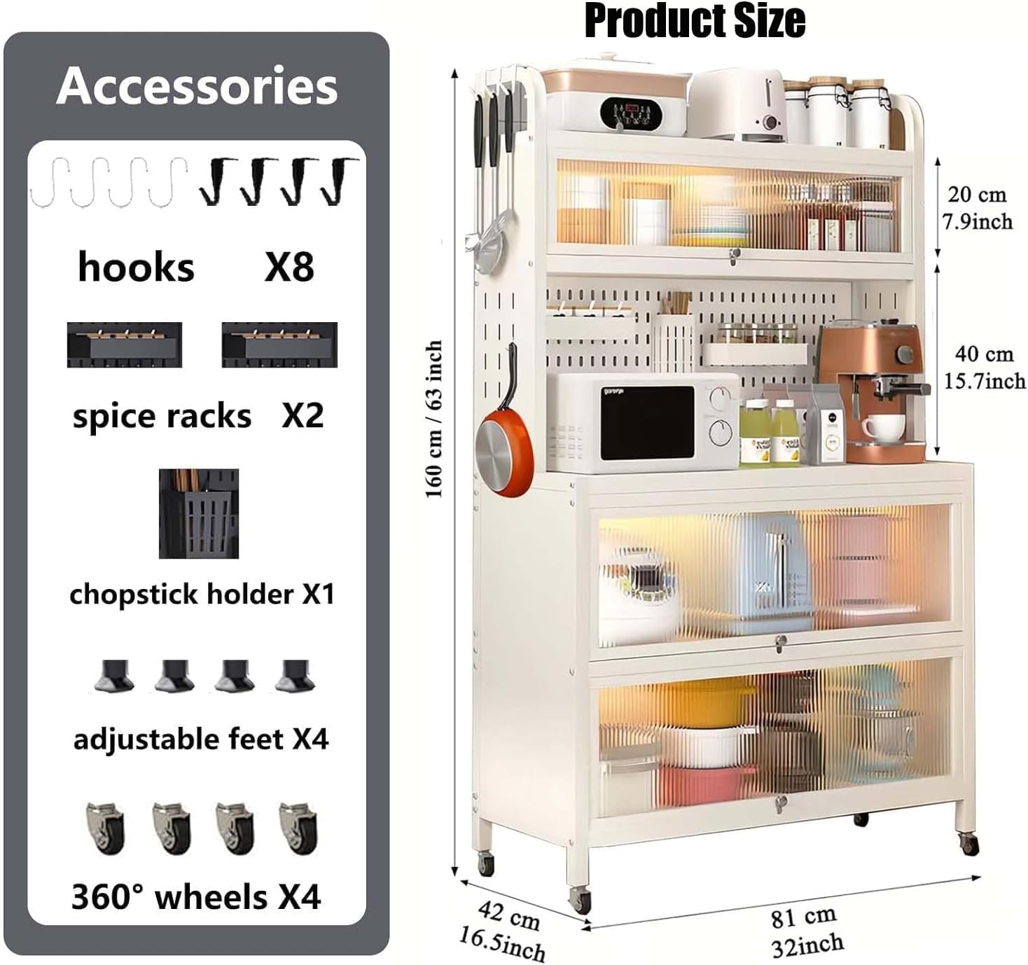 5-Tier Bakers Rack for Kitchen, Kitchen Storage Cabinets with Flip Door, Microwave Stand with Storage, for Kitchen Hutch, Home, Office, Pantry, Garage, White