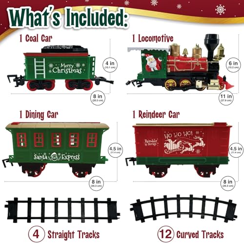 Christmas Train Set for Under The Tree with Lights, Music, Sounds, and Steam – Electric Train with On/Off Button, Smoke, Tracks – Perfect Holiday or Birthday Gift for Boys, Toddlers Ages 3+ Year Olds