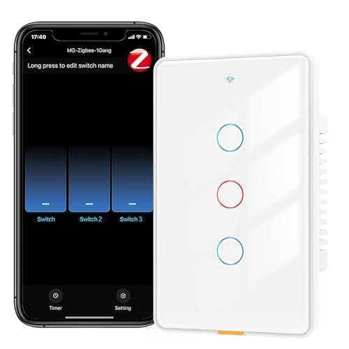 Zigbee Smart Touch Wall Light Switch, Requires ZigBee Hub, No Neutral Wire, No Capacitor, 3 Gang Single Live Wire Light Switch, Work with Alexa Google Assistant, Support Tuya Smart Life, Black