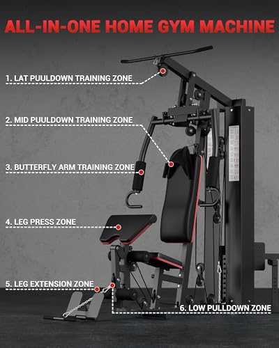 Home Gym Machine, Full Body Workout Machine with 150LBS Weight Stack, Multifunctional All in One Exercise Equipment Station with Preacher Curl Pad, Leg Developer for Strength Training