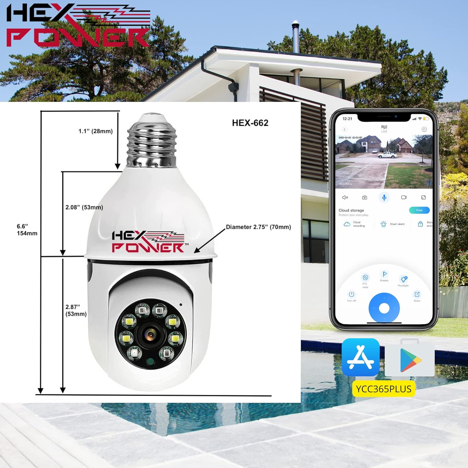 HEX662 Bulb WiFi Camera 360 Degree PTZ Panoramic IP Camera, 2.4GHz 1080P Smart Home Surveillance Cam with Motion Detection Alarm Night Vision Two Way Talk Indoor E27 Pack of 2