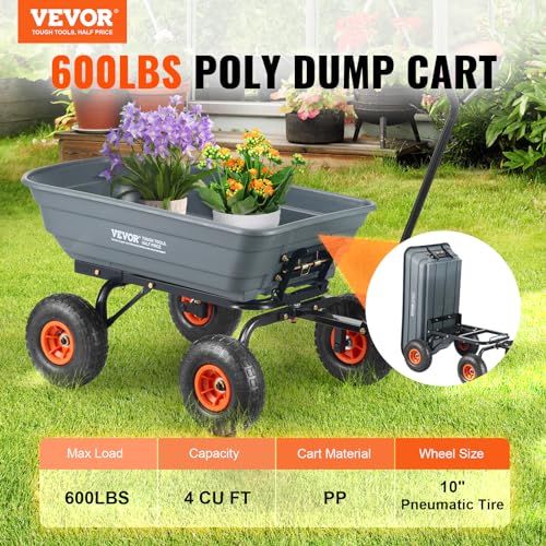 VEVOR 4 Cu.Ft. 600lbs Poly Garden Cart Dump Wagon, Heavy Duty Yard Dump Cart Wagon, 4 Wheel Wheelbarrow with 10in All Terrain Wheels, Steel Frame and Quick Release System, Gray