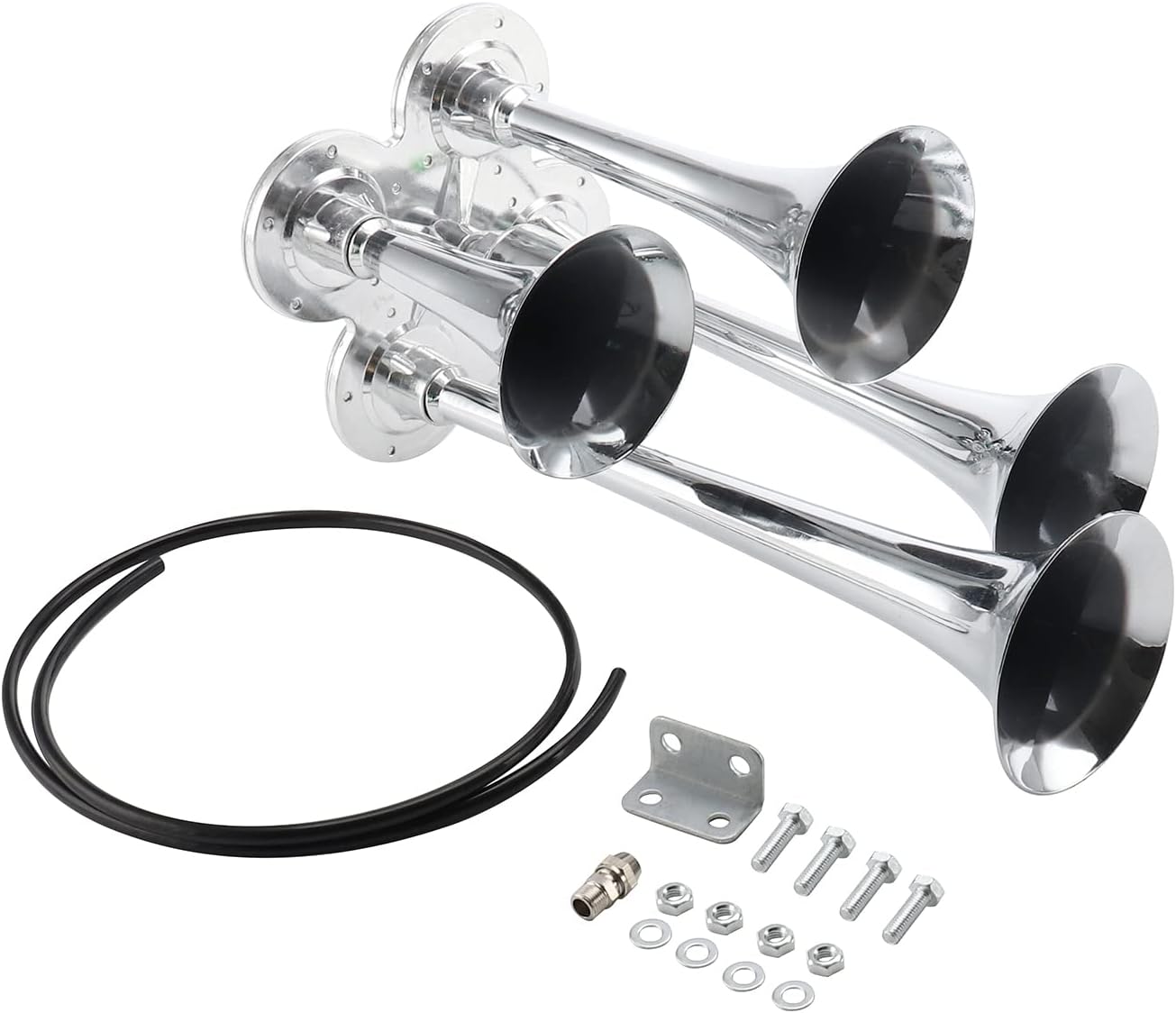 TIMAGIC 12V Horn Kit fit for compatible with Semi Pickup Train Truck SUV Car Quad Trumpets Train Horns Super Loud 170dB, Silver Pack of 2