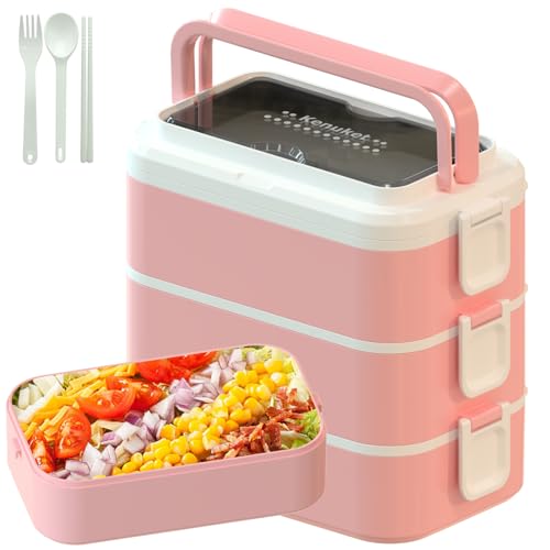 Stackable Bento Box Adult Lunch Box, 3000ML Large Capacity On-the-Go 3 Layers, Leakproof Microwave Safe Lunch Containers with Utensil Set, Dividers, Sauce Boxes for Kids and Adults