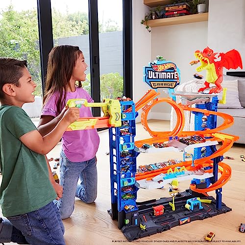 Hot Wheels City Toy Car Track Set Ultimate Garage with 2 Die-Cast Toy Cars & Car-Eating Dragon, Stores 50+ Vehicles, 4 Levels