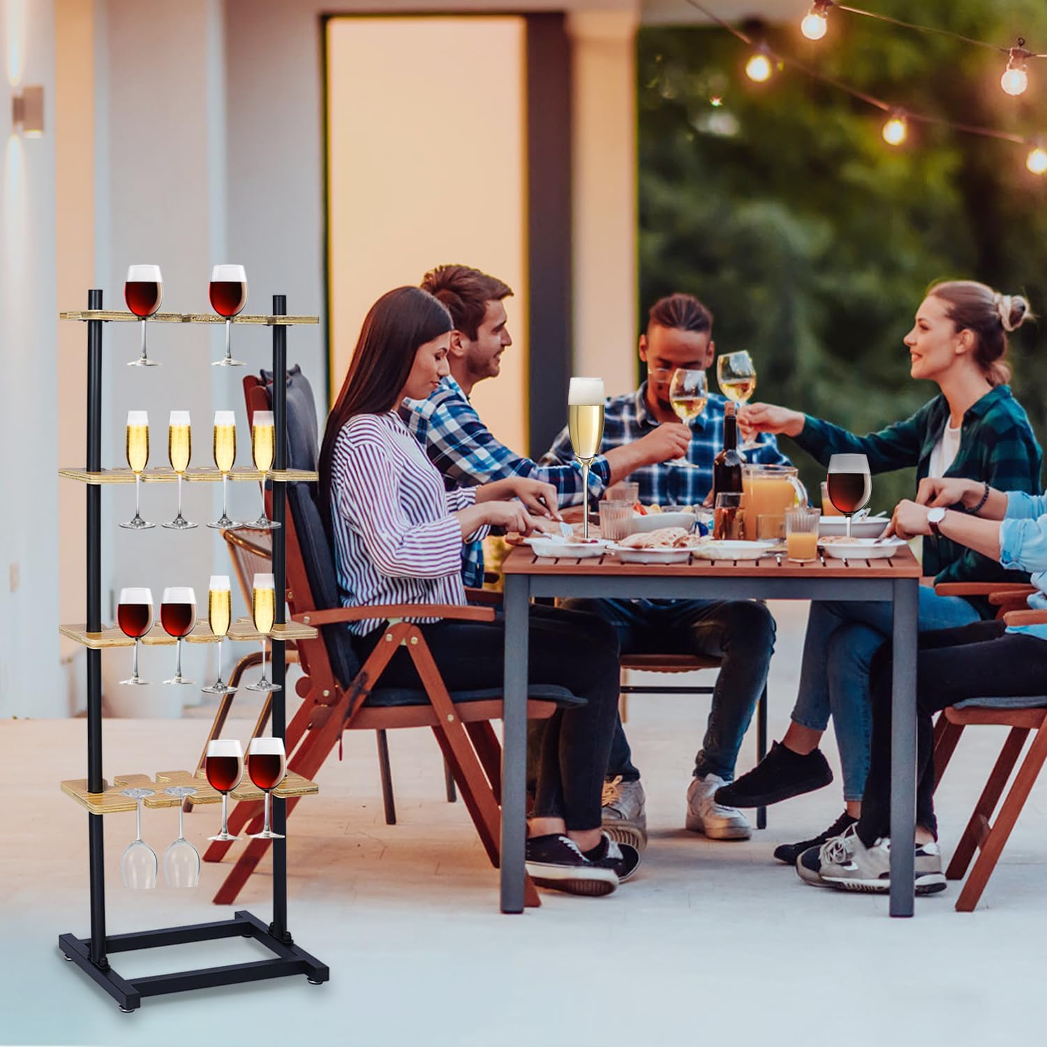 ikare Champagne Wall,Champagne Wall Holder for Party 50, 4 Tiers Wooden Champagne Wall Stand, 32 Champagne Glass Stemware Rack for Wedding,Birthday and Party