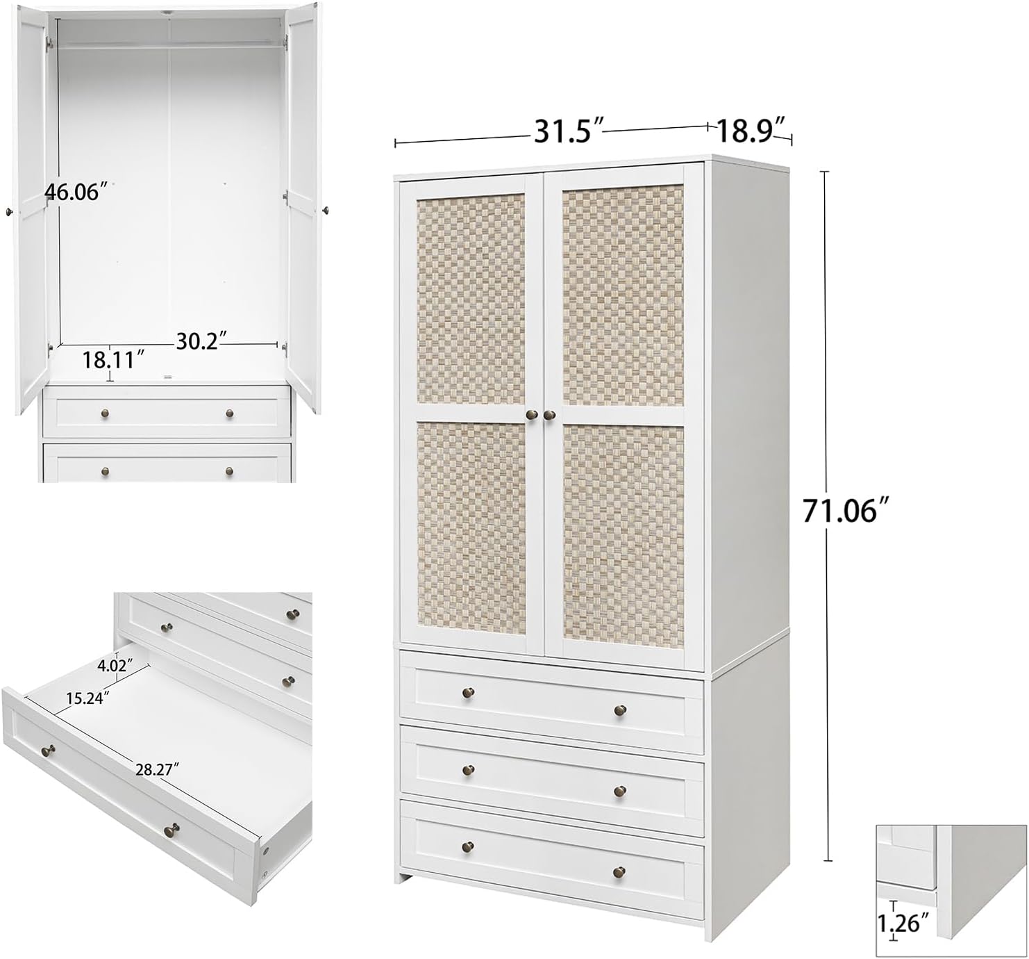 Bedroom Armoire Wardrobe Closet with Rattan Door, Bedroom Armoire Cabinet with Hanging Rod and 3 Drawer,Wooden Tall Wardrobe Cabinet Closet for Bedroom
