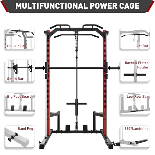 OPPSDECOR Power Cage Power Rack with LAT Pull Down Pulley System& Cable Row, Weight Cage with More Training Attachments, Multi-Functional Squat Rack for Home Gym System