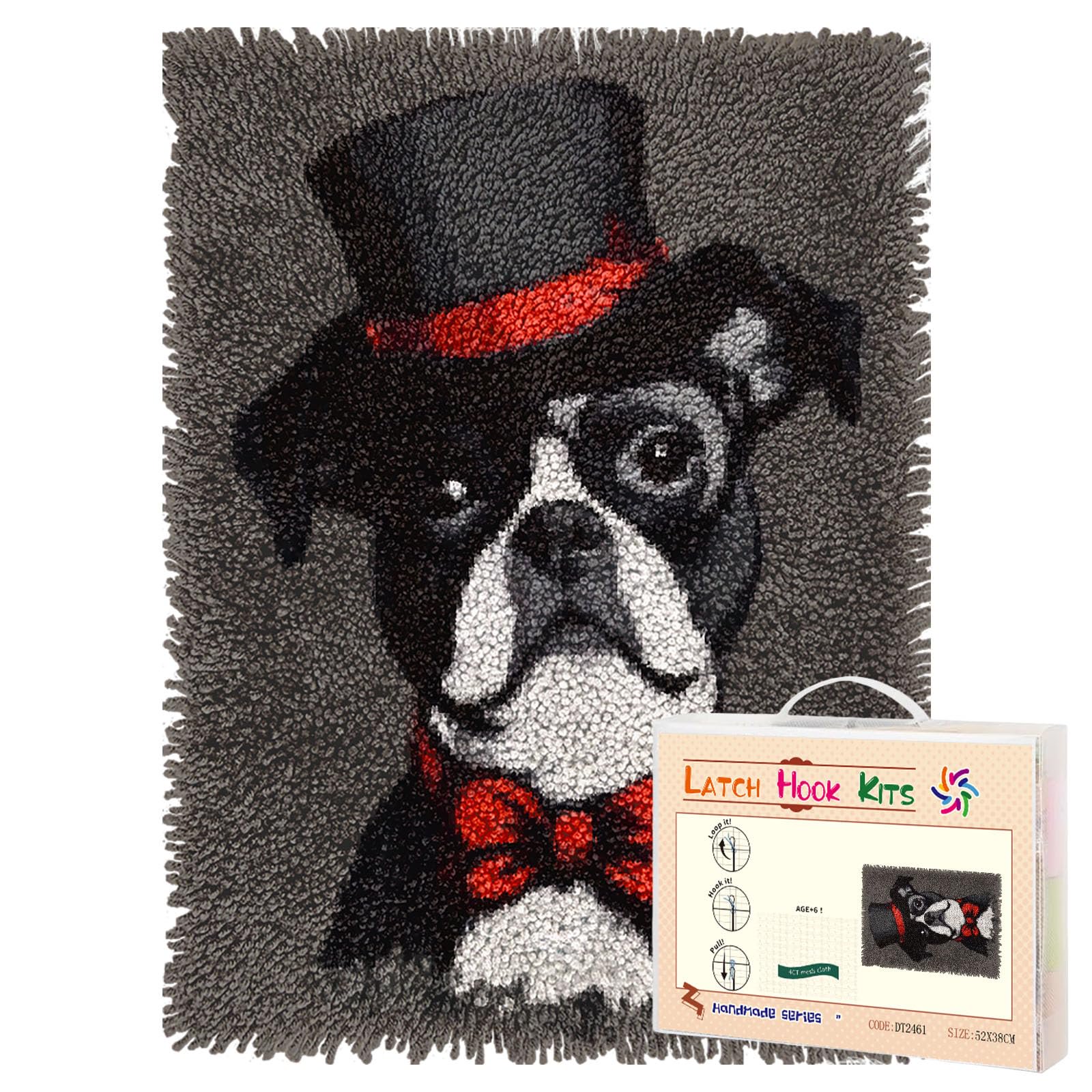 Latch Hook Rug Kit Boston Terrier Dog WearGlasses and Hat Pre-printed Handmade Carpet Crochet Yarn Craft DIY Hook and Latch Door Mat Tapestry for Home Floor Decoration 52x38cm-1