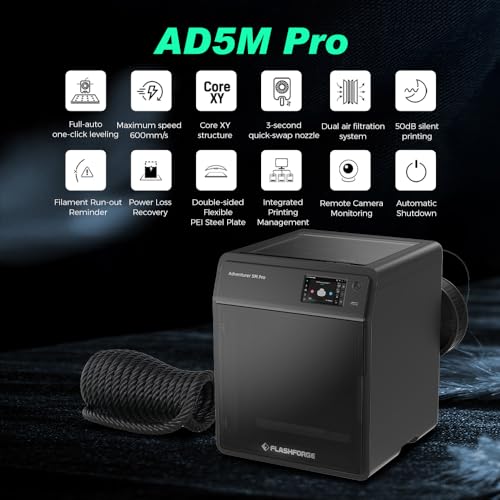 FLASHFORGE Adventurer 5M 3D Printer, 600mm/s High-Speed, 1 Click Fully Auto Leveling, Upgraded Direct extruder Quick Detachable 280°C Nozzle, Dual-Sided PEI Coating Plate, Print Size 220x220x220mm