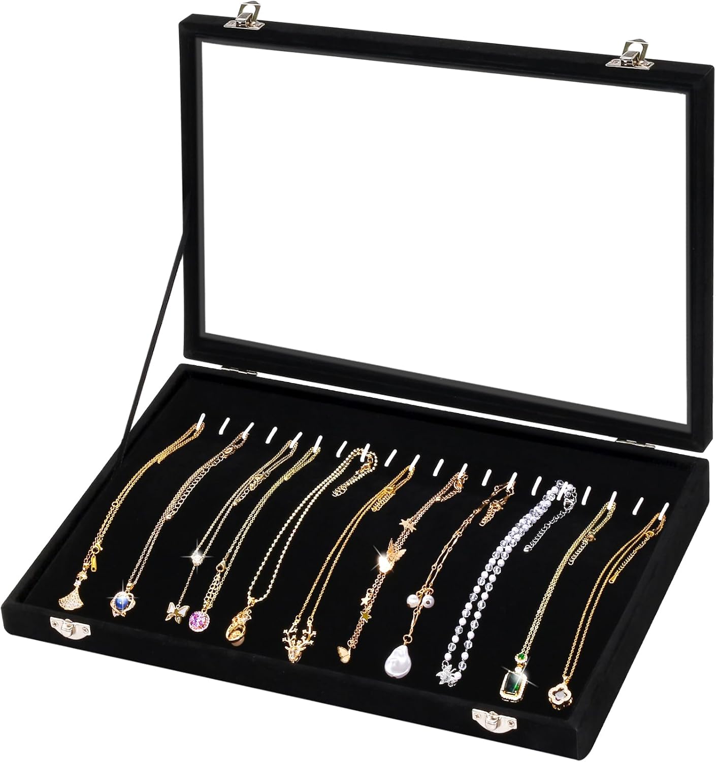 Necklace Holder Organizer, Necklace Organizer Box with Clear Lid, Anti Tarnish Jewelry Hanger Storage Case, 20 Hooks Velvet Jewelry Tray for Drawer Display Bracelet Gifts Girls Women