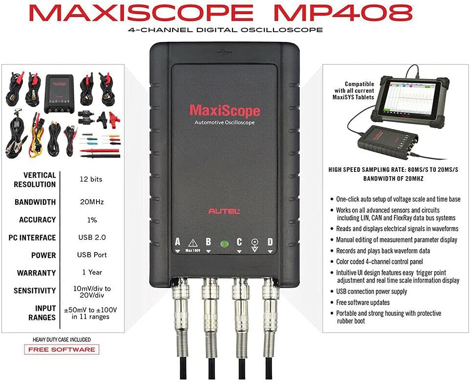 Autel MaxiScope MP408 4-Channel Automotive oscilloscope Works with PC or MS Tablet (MS908S MS908S PRO MS908CV MK908 MK908P MS906BT MK906BT MS906TS MS Elite) Reads and displays Electrical Signals