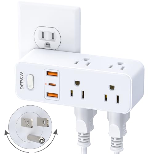 Outlet Extender with 360° Rotating Plug, 6AC(1875W/15A) and 3USB Ports(1 USB-C), Multi Plug Wall Outlet with Overload Protection Switch for Curise, Travel, Dorm, Home Office, White